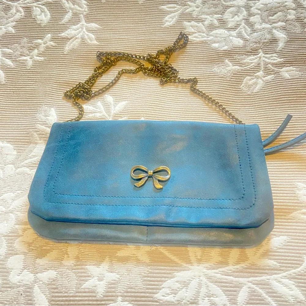 Elegant Dark Blue Green Clutch Purse with Gold Bow
